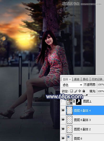 Photoshop给板凳美女人像添加夕阳美景效果,PS教程,素材中国网