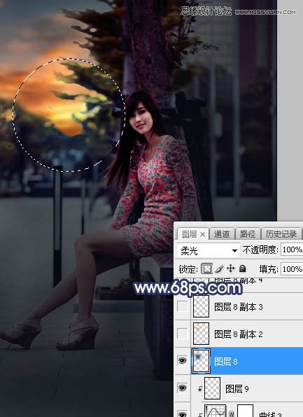 Photoshop给板凳美女人像添加夕阳美景效果,PS教程,素材中国网