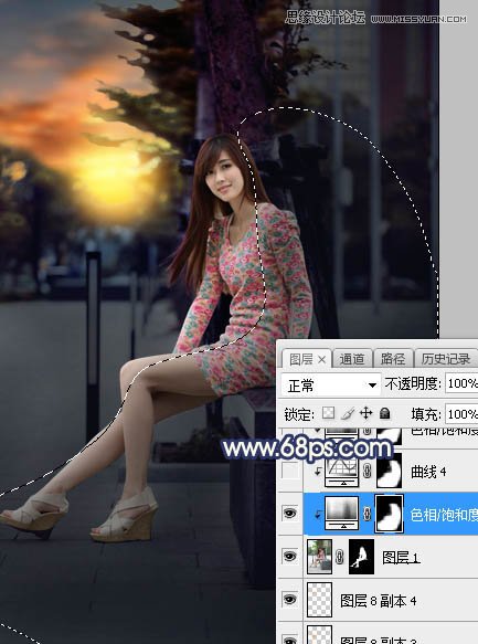 Photoshop给板凳美女人像添加夕阳美景效果,PS教程,素材中国网