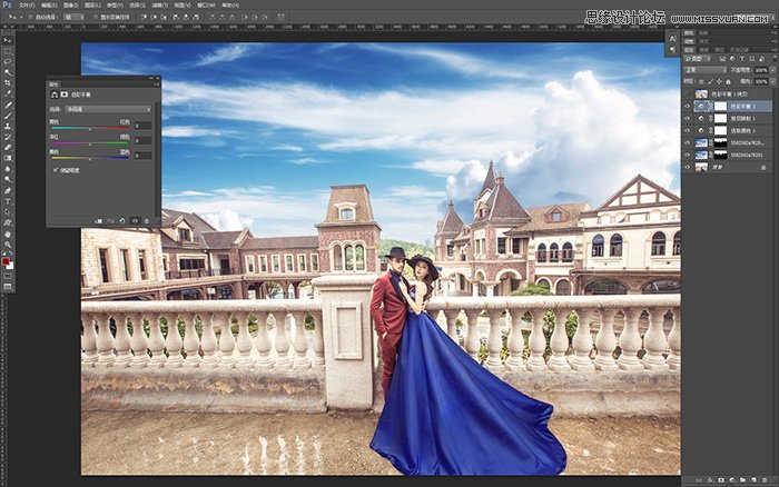 Photoshop给外景婚片添加冷色云彩效果,PS教程