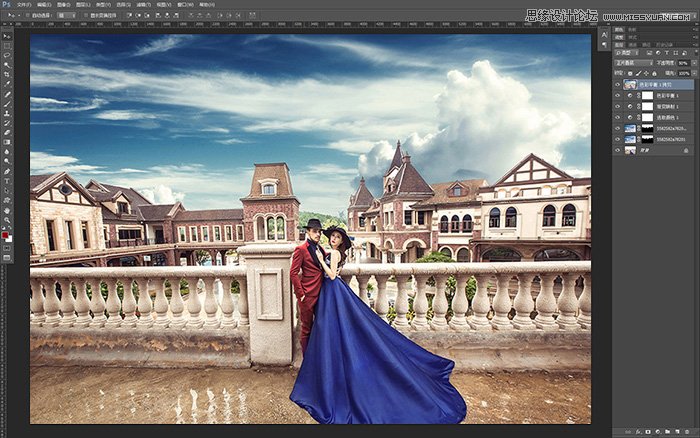 Photoshop给外景婚片添加冷色云彩效果,PS教程