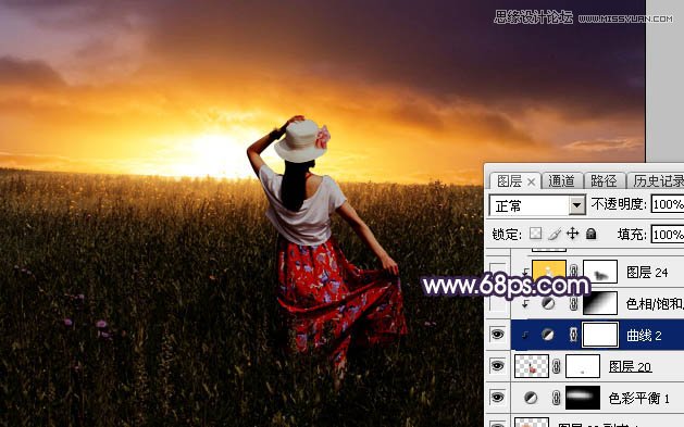 Photoshop给草原上的美女添加夕阳美景效果,PS教程,素材中国网