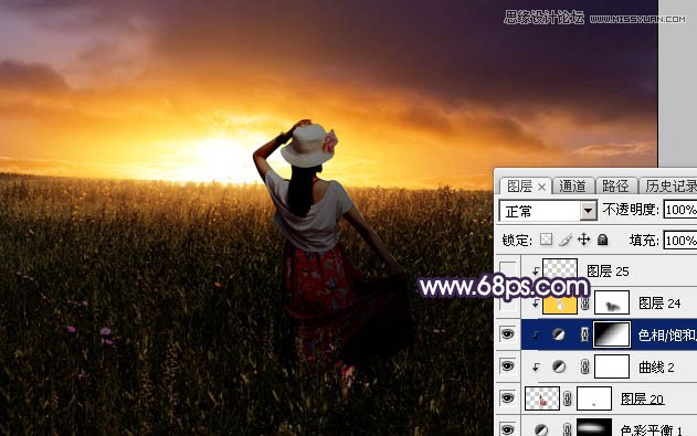 Photoshop给草原上的美女添加夕阳美景效果,PS教程,素材中国网