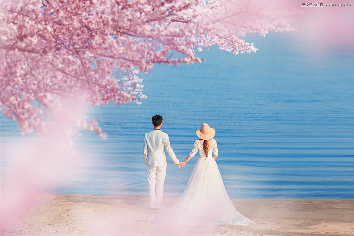 Photoshop合成唯美的樱花树下婚片美景-设计经