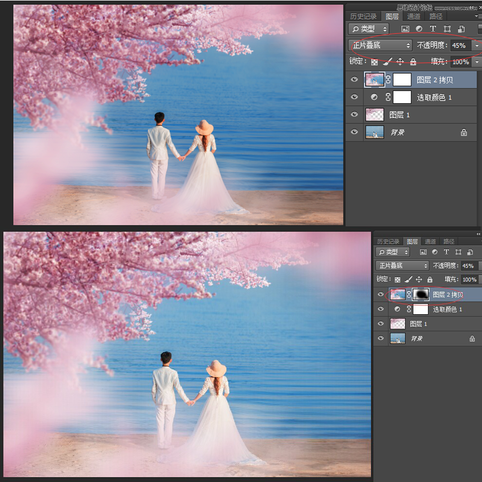Photoshop合成唯美的樱花树下婚片美景,PS教程,素材中国网