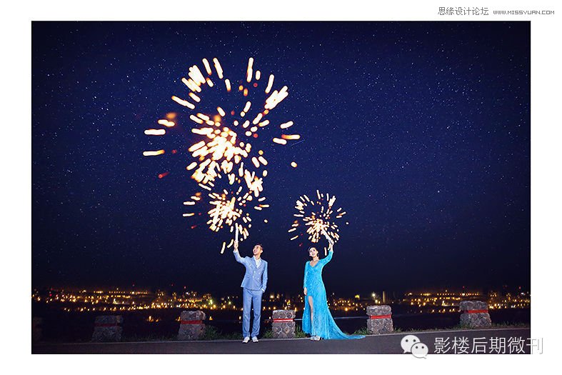 Photoshop给夜景婚纱添加绚丽的烟花效果,PS教程,素材中国网