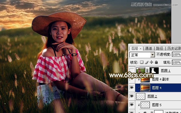 Photoshop草丛人像添加唯美的落日美景,PS教程,素材中国网