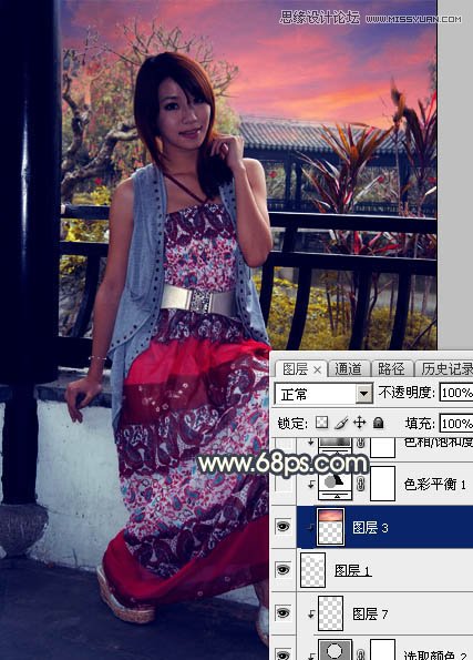 Photoshop给亭子里的美女添加夕阳美景效果,PS教程,素材中国网