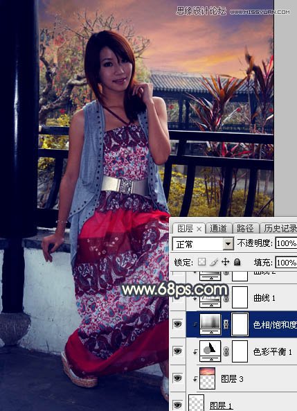 Photoshop给亭子里的美女添加夕阳美景效果,PS教程,素材中国网