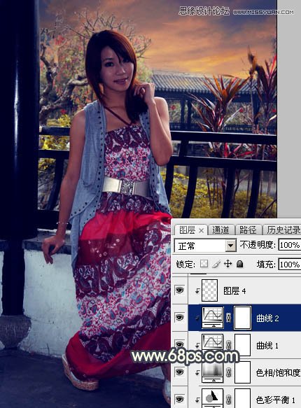 Photoshop给亭子里的美女添加夕阳美景效果,PS教程,素材中国网