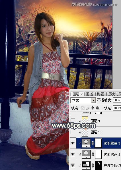 Photoshop给亭子里的美女添加夕阳美景效果,PS教程,素材中国网