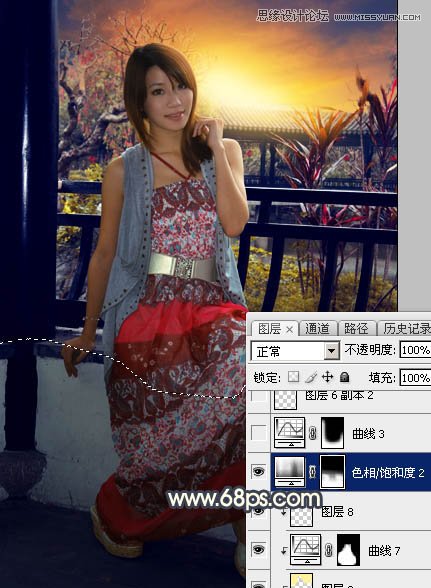 Photoshop给亭子里的美女添加夕阳美景效果,PS教程,素材中国网