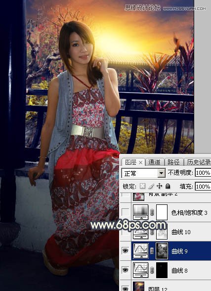 Photoshop给亭子里的美女添加夕阳美景效果,PS教程,素材中国网