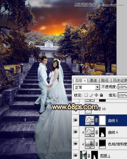 Photoshop给外景婚片添加夕阳黄昏美景效果,PS教程,素材中国网