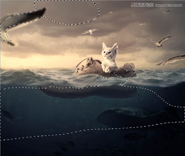 Photoshop创意合成乘鞋环游大海的小猫