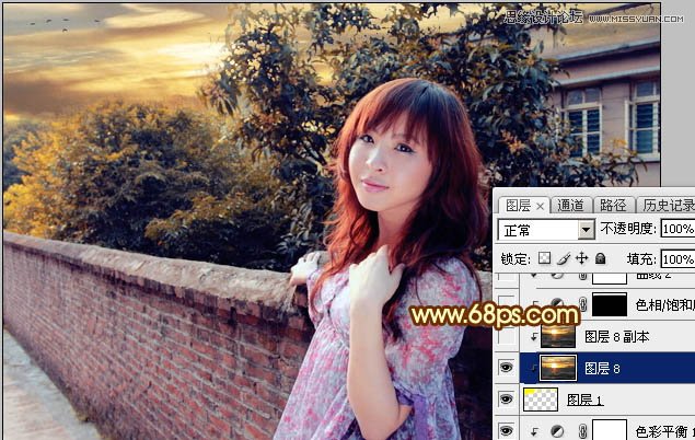 Photoshop给围墙外景人像添加夕阳黄昏美景,PS教程,素材中国网