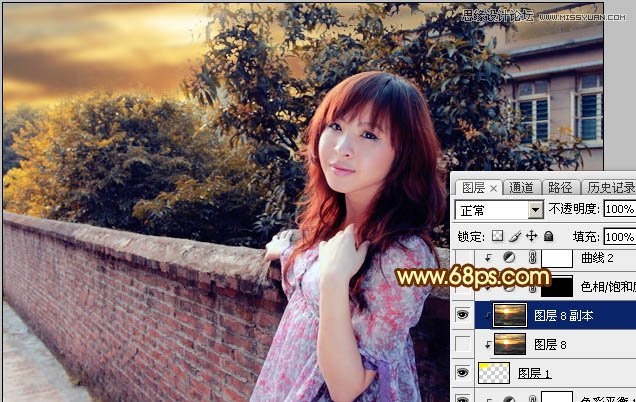 Photoshop给围墙外景人像添加夕阳黄昏美景,PS教程,素材中国网