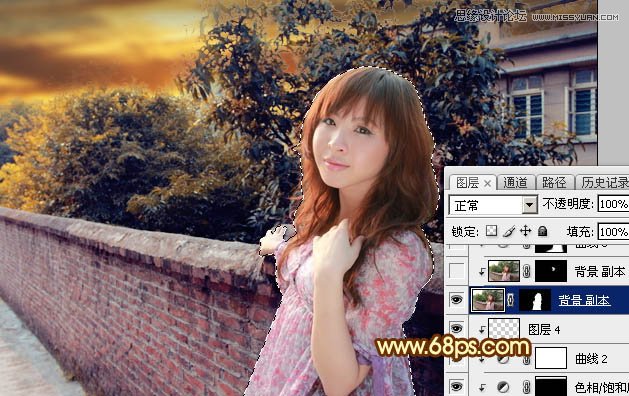 Photoshop给围墙外景人像添加夕阳黄昏美景,PS教程,素材中国网