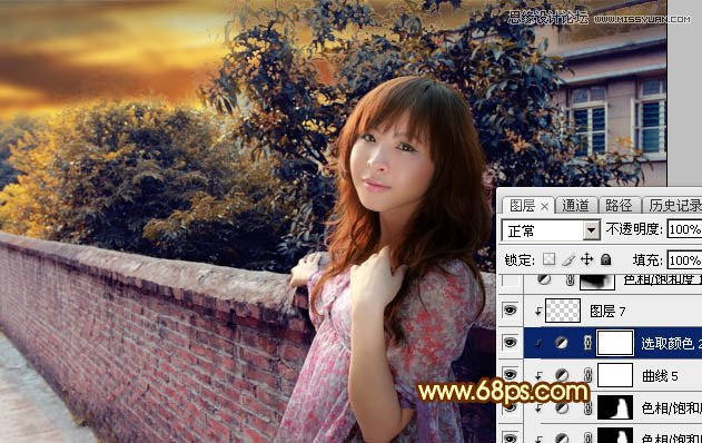 Photoshop给围墙外景人像添加夕阳黄昏美景,PS教程,素材中国网