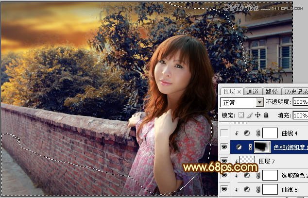 Photoshop给围墙外景人像添加夕阳黄昏美景,PS教程,素材中国网