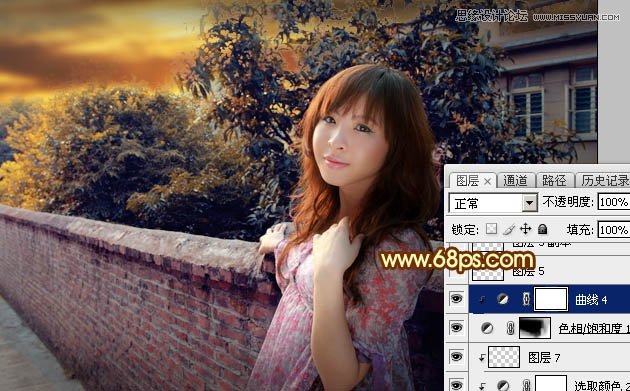 Photoshop给围墙外景人像添加夕阳黄昏美景,PS教程,素材中国网