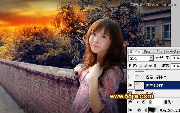 Photoshop给围墙外景人像添加夕阳黄昏美景,PS教程,素材中国网