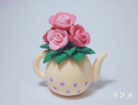 超轻粘土制作水壶花瓶插玫瑰花装饰摆件 -  