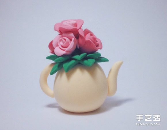 超轻粘土制作水壶花瓶插玫瑰花装饰摆件 -  