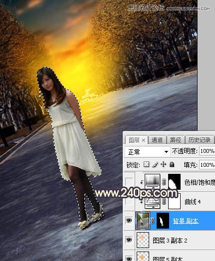 Photoshop调出马路上女孩金色夕阳美景效果,PS教程,素材中国网