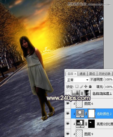 Photoshop调出马路上女孩金色夕阳美景效果,PS教程,素材中国网