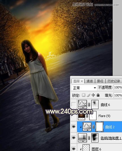 Photoshop调出马路上女孩金色夕阳美景效果,PS教程,素材中国网