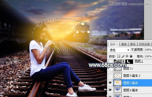 Photoshop给做在铁轨的女孩添加逆光效果,PS教程,素材中国网