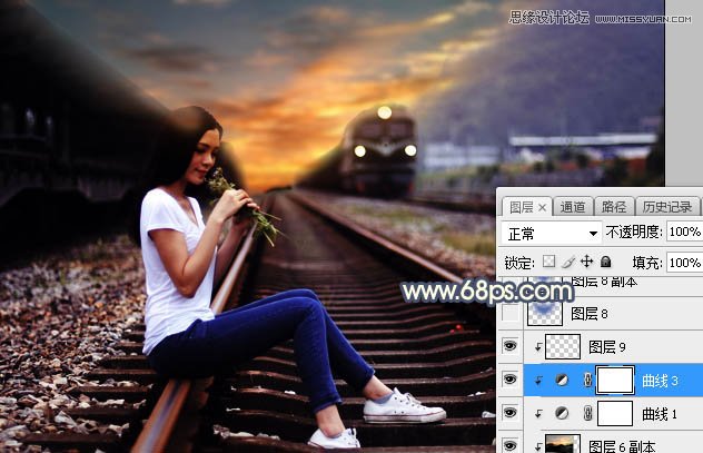 Photoshop给做在铁轨的女孩添加逆光效果,PS教程,素材中国网
