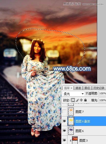 Photoshop给铁轨外景人像添加夕阳黄昏景色,PS教程,素材中国网