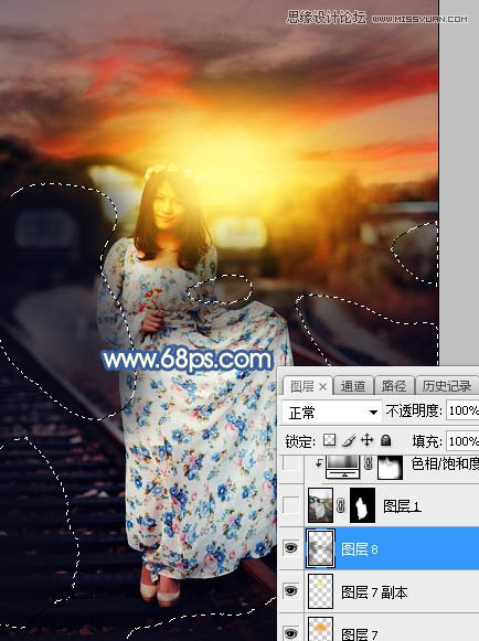 Photoshop给铁轨外景人像添加夕阳黄昏景色,PS教程,素材中国网