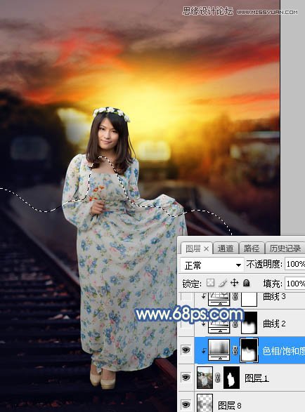 Photoshop给铁轨外景人像添加夕阳黄昏景色,PS教程,素材中国网