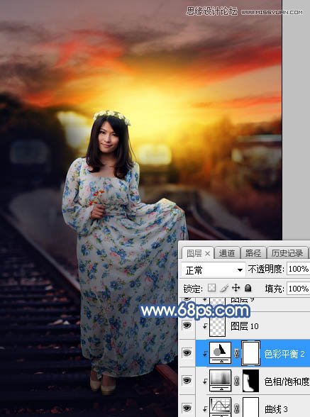 Photoshop给铁轨外景人像添加夕阳黄昏景色,PS教程,素材中国网