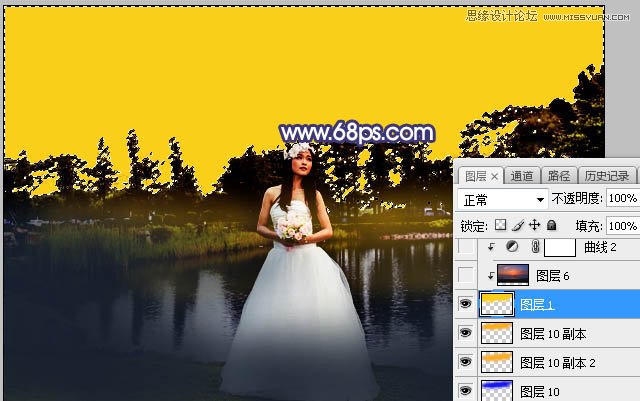 Photoshop给外景婚纱人像添加唯美夕阳景色,PS教程,素材中国网