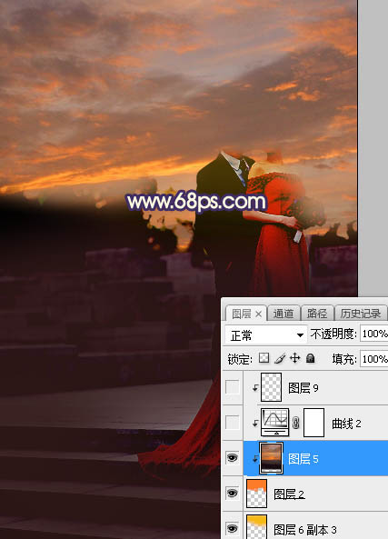 Photoshop给外景婚纱照片添加夕阳美景效果,PS教程,素材中国网