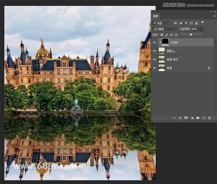 Photoshop给建筑物照片添加水中倒影效果,PS教程,素材中国网