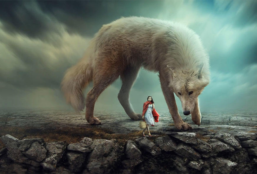 Photoshop合成创意的白狼和小红帽场景图,PS教程,素材中国网