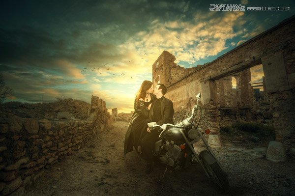 Photoshop合成夕阳下在乡村约惠的情侣照片,PS教程,素材中国网