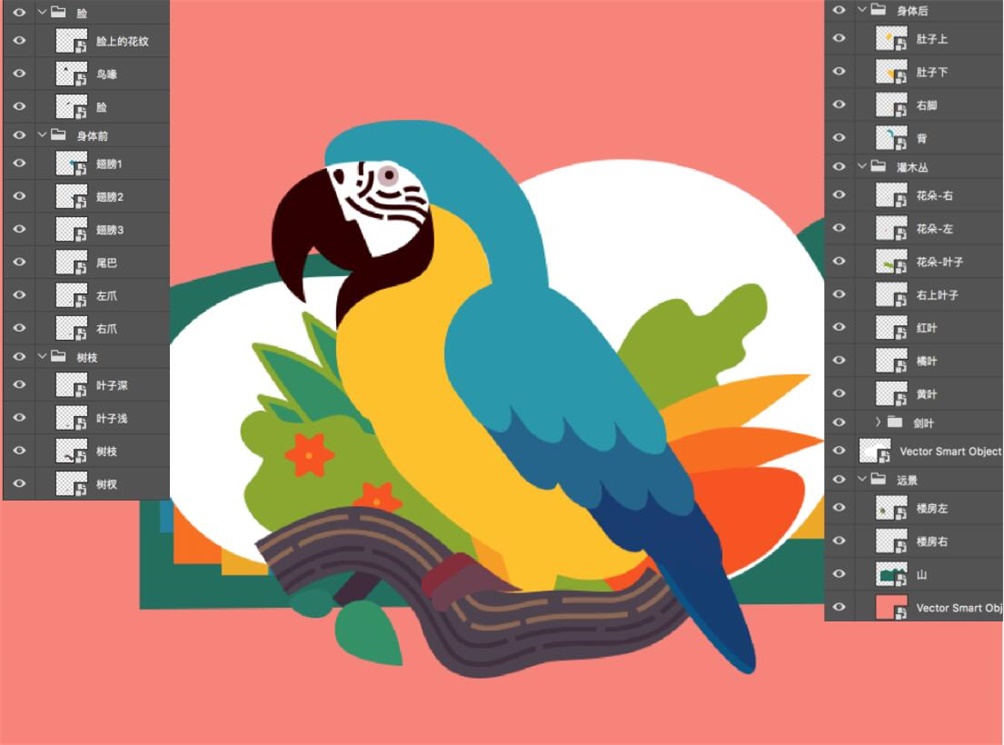 Photoshop结合AI软件制作复古风格的鹦鹉插画,PS教程,素材中国网