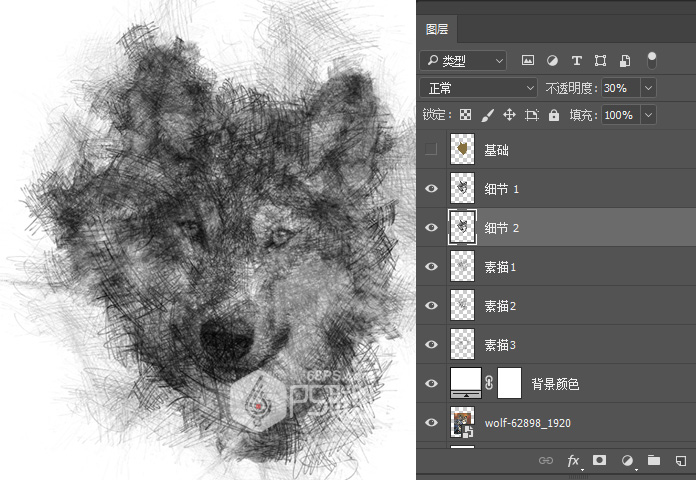 Photoshop给狼头照片添加素描铅笔画效果,PS教程,素材中国网