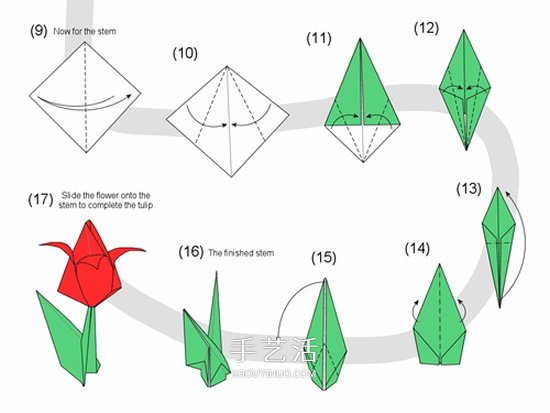 郁金香花和叶子的折法 简易郁金香折纸教程 -  