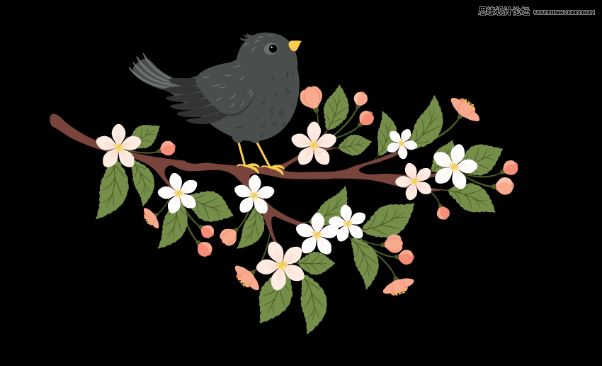 Illustrator绘制在枝叶上小鸟主题插画,PS教程,素材中国网