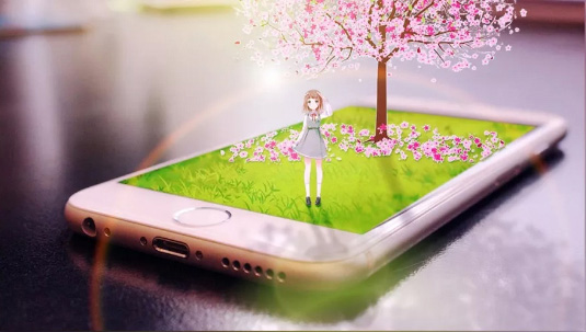 Photoshop合成手机上的春季卡通少女