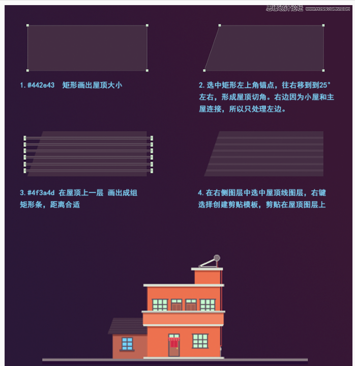 卡通插画：PS绘制扁平化风格的房屋插画,PS教程,素材中国网
