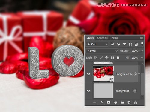 Photoshop制作银色纹理的LOVE艺术字,PS教程,素材中国网